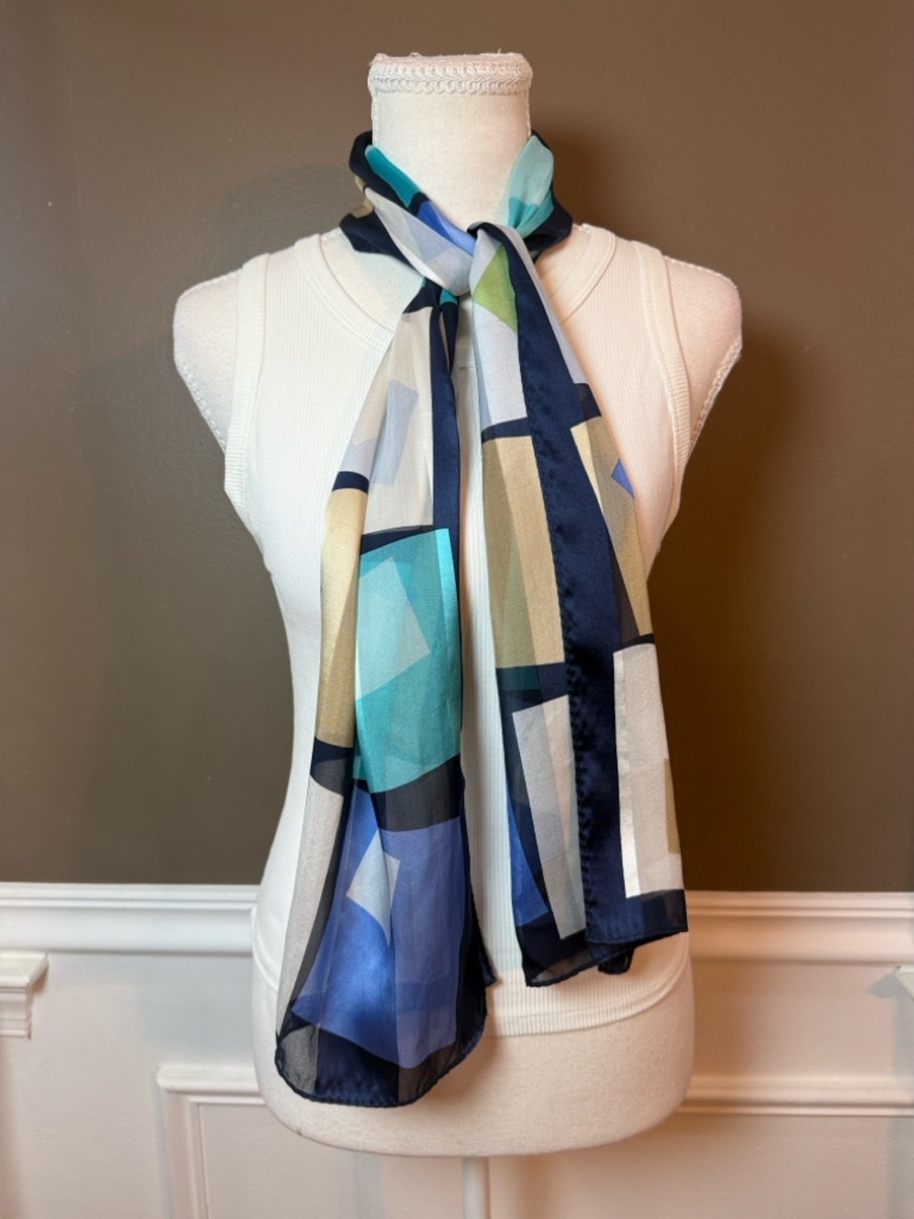 Echo Silk Scarf Y2K Geometric Blue Green Sheer Lightweight